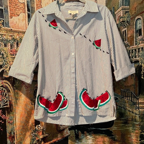 Bechamel Cotton Blue Striped Watermelon Shirt Size Medium - Picture 1 of 4